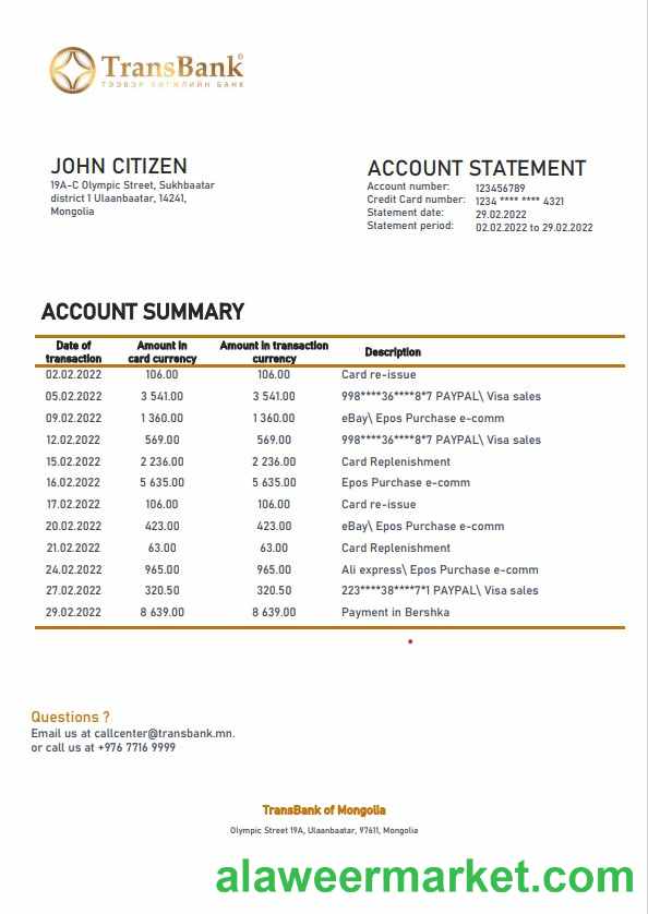 Mongolia Transbank bank statement template in Word and PDF format